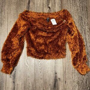 Windsor Cropped Top Women S Bronze Solid Furry Off the Shoulder Long Sleeve NWT